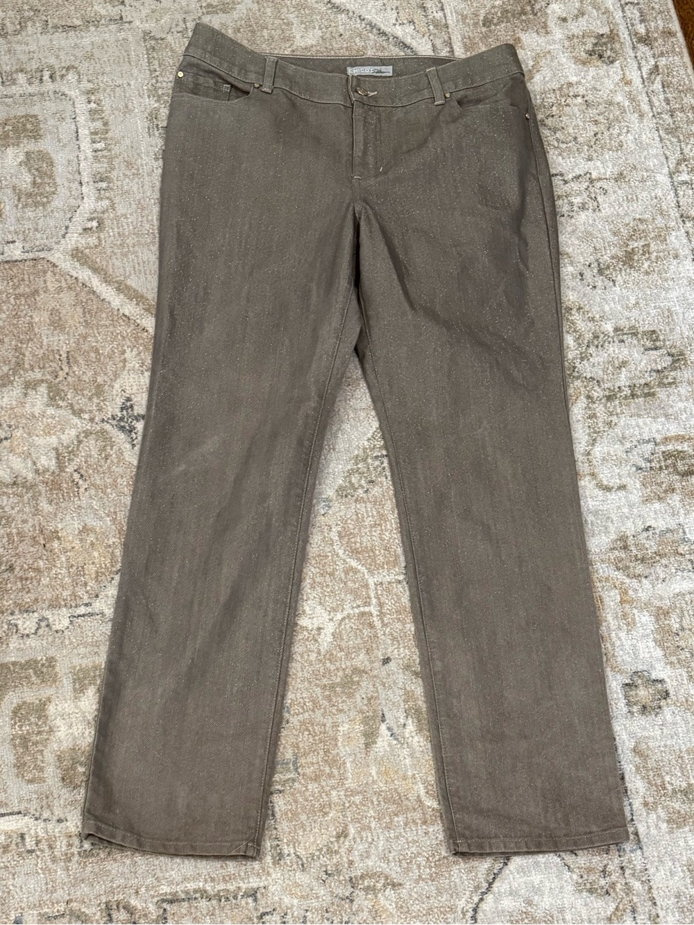 Chico’s Platinum Metallic Shimmer Gray Ultimate Fit Slim Leg Jeans 2 Reg US 12